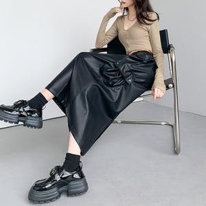 Retro Slit A-line Pu Mid-length Leather Skirt