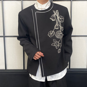 Lotus Leaf Embroidery Disc Button Round Neck Jacket