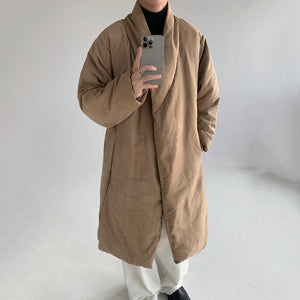 Japanese Retro Peach Skin Collarless Long Cotton Coat