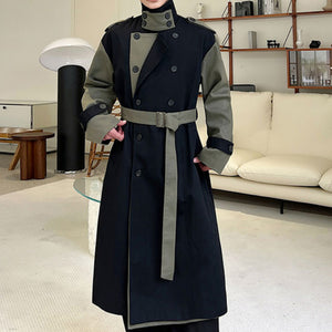 Retro Contrast Patchwork Lapel Long Trench Coat