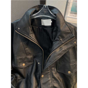 Vintage PU Leather Stand Collar Loose Jacket