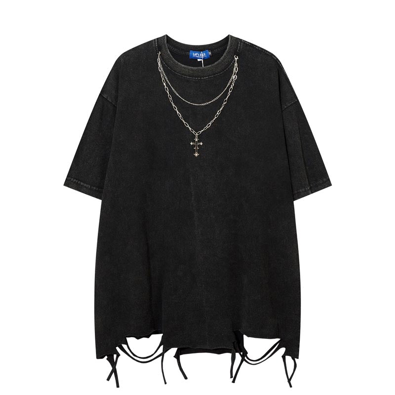 Hem Ripped Necklace Trim Short Sleeve T-Shirt