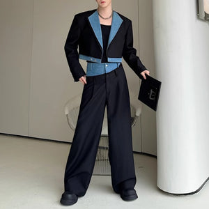 Denim Patchwork Short Suit Wide-leg Pants Two-piece Suit