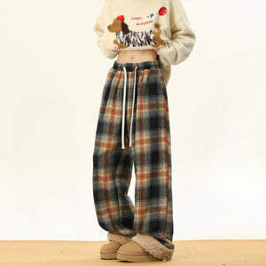 American Retro Plaid Thick Warm Trousers