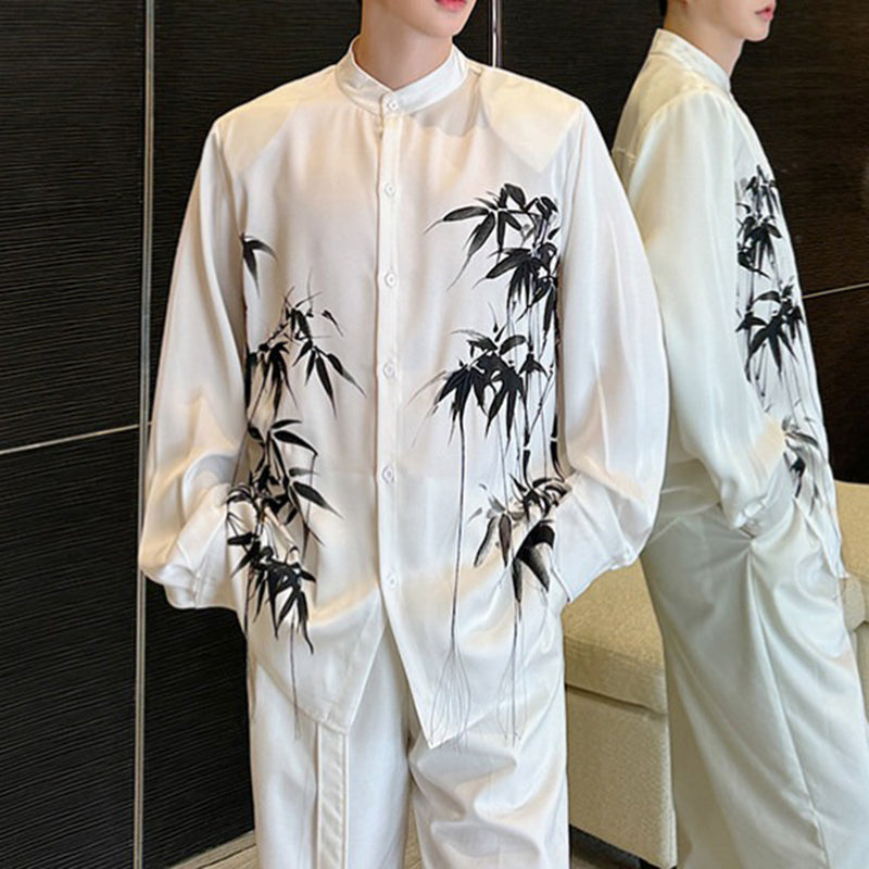 Ink Bamboo Print Tassel Embroidery Stand Collar Shirt