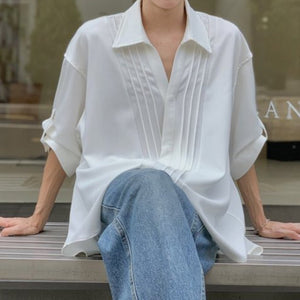 Pleated V-neck Loose Shirt with Three-quarter Sleeves