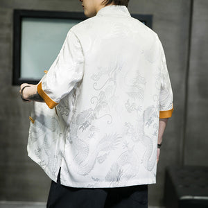 Dragon Pattern Embroidery Buttoned Three-quarter Sleeve Shirt