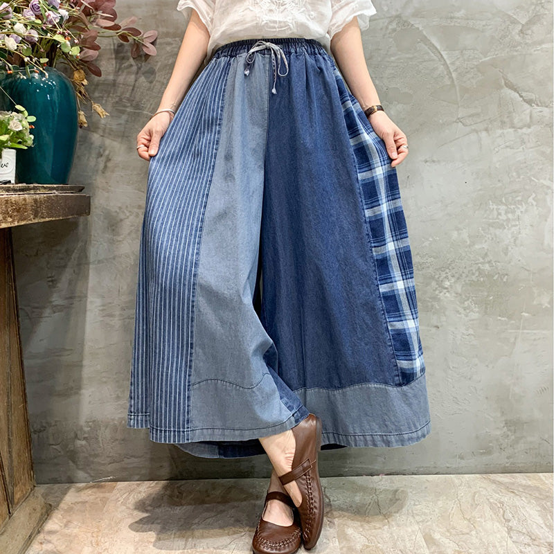 Color Block Denim Wide Leg Pants