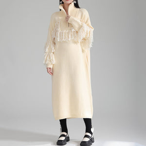 Autumn and Winter Thickened Turtleneck Fringed Knitted Dress