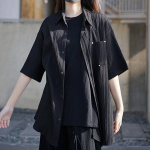 Black Pleated Short-sleeved Shirt