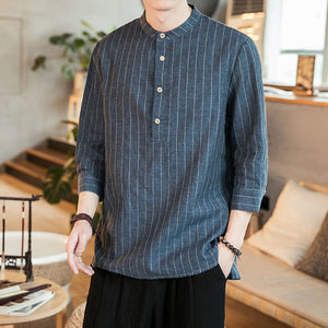 Striped Cotton And Linen Three-quarter Sleeve Shirt