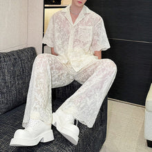 Load image into Gallery viewer, Lace Translucent Short-sleeved Shirt and Pants Suit
