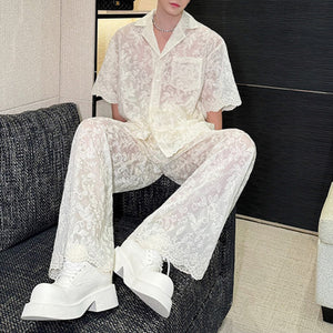 Lace Translucent Short-sleeved Shirt and Pants Suit