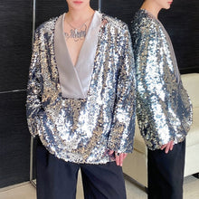 Load image into Gallery viewer, Sequined Satin Panel Deep V-neck Shirt
