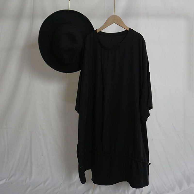 Black Simple Waist Drawstring Mid-length T-shirt