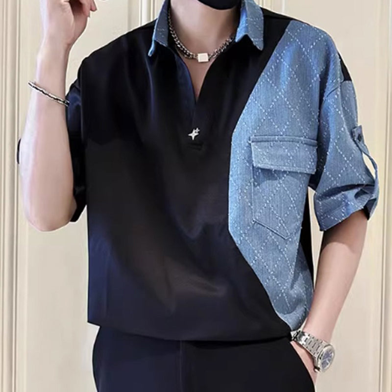 Summer Denim Patchwork Short Sleeve Shirt