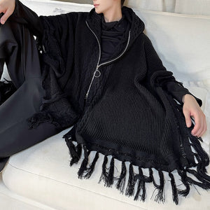 Vintage Tassel Hooded Cape Zipper Sweater