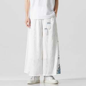 Cotton and Linen Loose Embroidered Wide-leg Pants