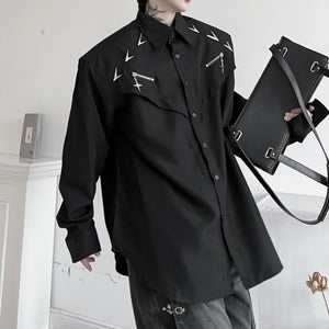 Dark Metal Button Shoulder-padded Long-sleeved Shirt