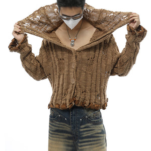 Distressed Lapel Short Knitted Sweater Cardigan