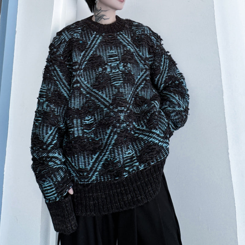 Diamond Jacquard Ripped Tassel Crewneck Sweater