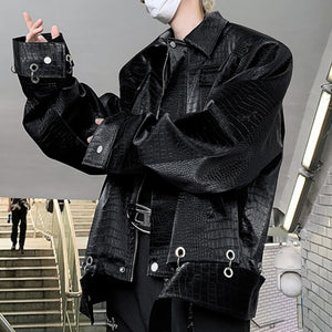 Metallic Deconstructed Leather Glossy Shoulder Padded Jacket