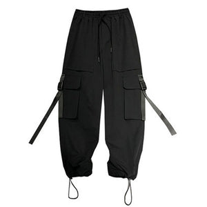 Technical Loose Black Drawstring Overalls