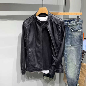 Slim-Fit Stand Collar Leather Jacket