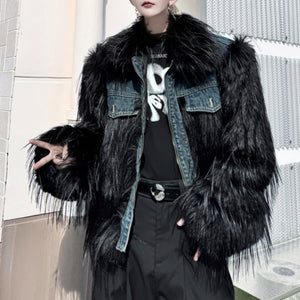 Denim Patchwork Warm Puffy Fur Jacket