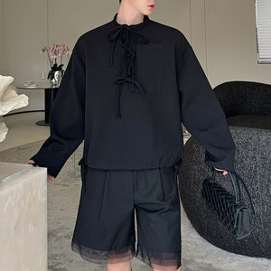 Multi-ribbon Loose Sweatshirt Detachable Mesh Shorts