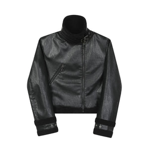 Retro Stand Collar PU Leather Thickened Short Jacket