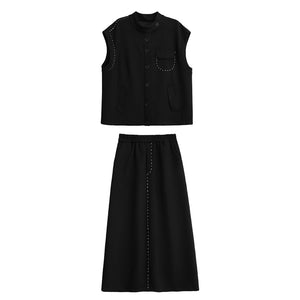 Black Loose Vest Elastic Waist Skirt Suit