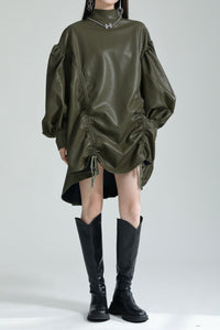 Irregular Drawstring PU Leather Cape Dress