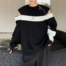 Load image into Gallery viewer, Round Neck Zip-up Off-shoulder Black And White Sweatshirt
