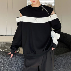 Round Neck Zip-up Off-shoulder Black And White Sweatshirt