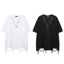 Load image into Gallery viewer, Hem Ripped Necklace Trim Short Sleeve T-Shirt
