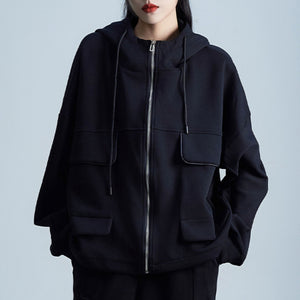 Batwing Sleeve Hooded Zip-Up Jacket