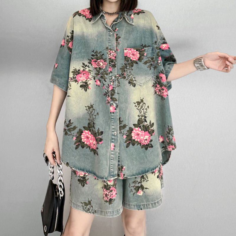 Floral Denim Retro Casual Suit