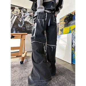 Whiskered Denim Wide-leg Straight Floor-length Trousers