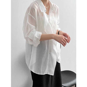 Ladies Solid Color Tencel Ruffle Trim Long Sleeve Shirt