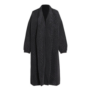 Black Diamond-patterned Loose Long Cotton Coat