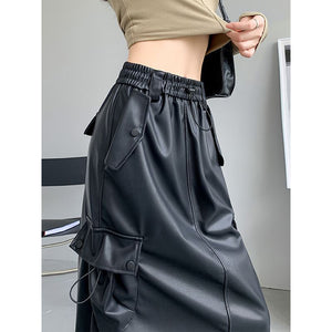 Retro Slit A-line Pu Mid-length Leather Skirt