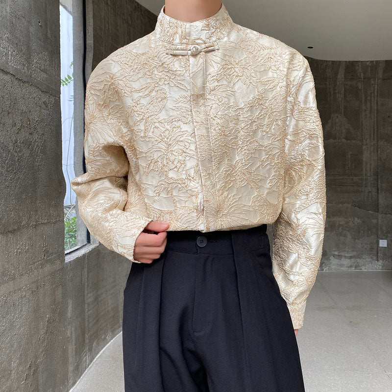 Jacquard Stand Collar Vintage Shirt