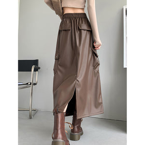 Retro Slit A-line Pu Mid-length Leather Skirt