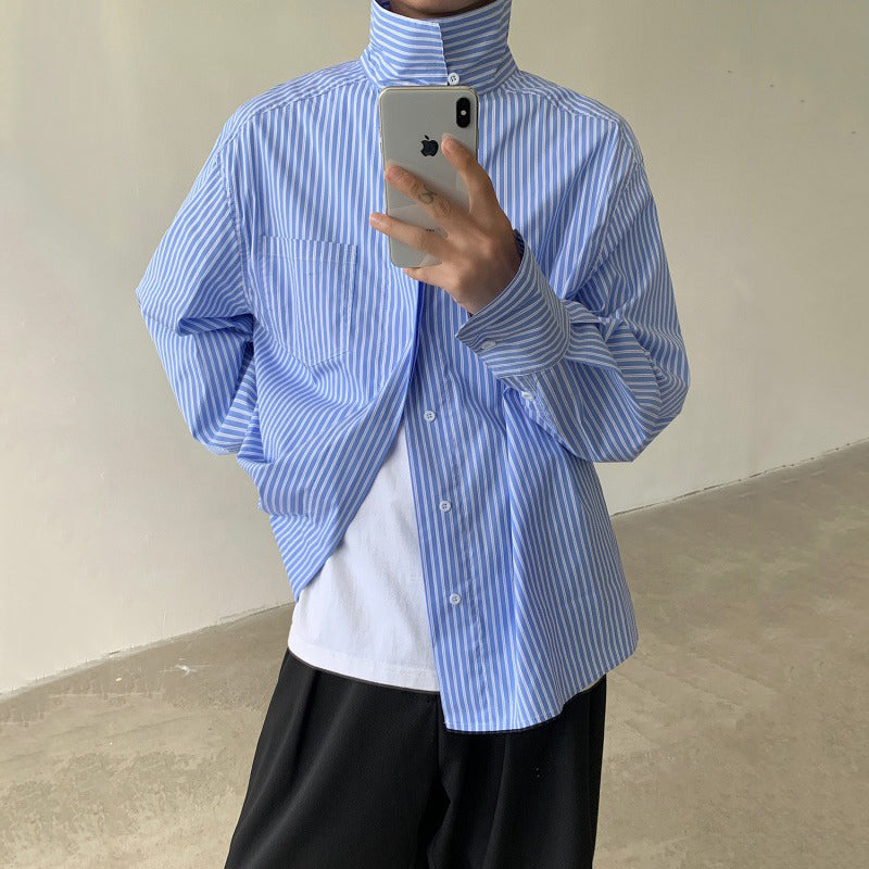 Blue Striped Turtleneck Loose Fit Shirt