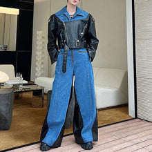 Load image into Gallery viewer, Deconstructed Washed Denim PU Leather Jacket Wide-leg Trousers Two-piece Suit
