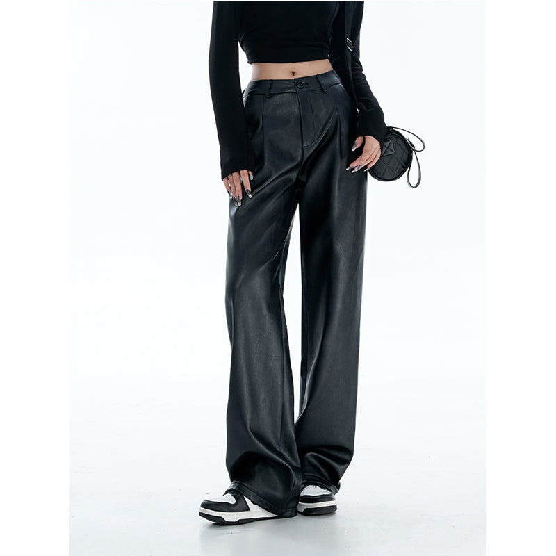 Straight Casual Pants PU Leather Loose Pants