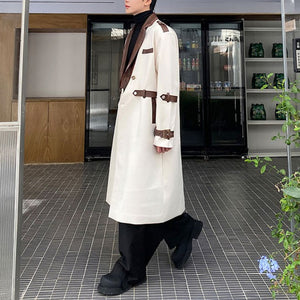 Knee-length Leather Collar Patchwork Coat