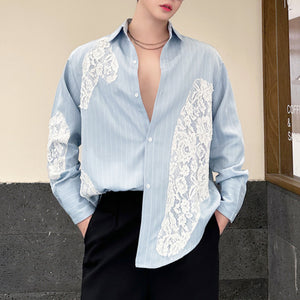 Lace Panel Design Long Sleeve Striped Shirt