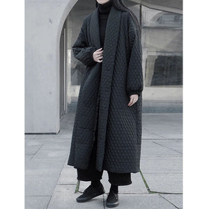 Black Diamond-patterned Loose Long Cotton Coat